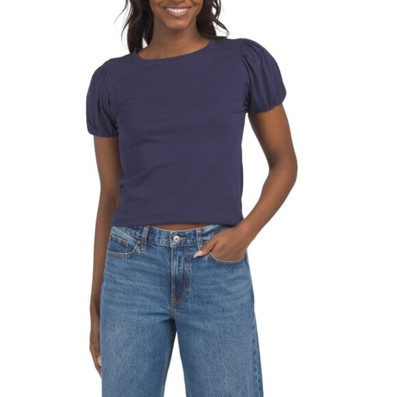 GOLDIE TEE Navy Jersey Short Sleeve Puff Top